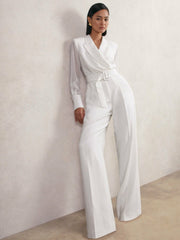 Reiss | Sheer-Sleeve Wide-Leg Tuxedo Jumpsuit in Ivory