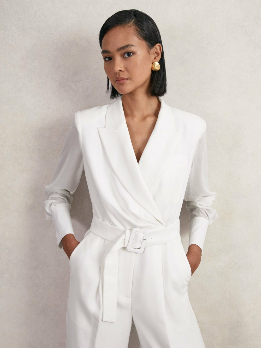 Reiss | Sheer-Sleeve Wide-Leg Tuxedo Jumpsuit in Ivory