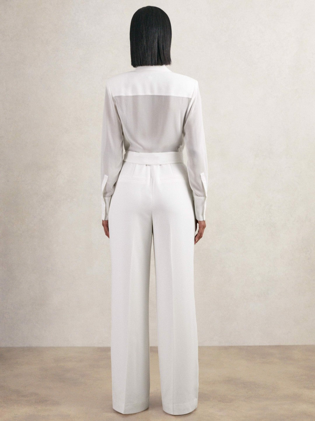 Reiss | Sheer-Sleeve Wide-Leg Tuxedo Jumpsuit in Ivory