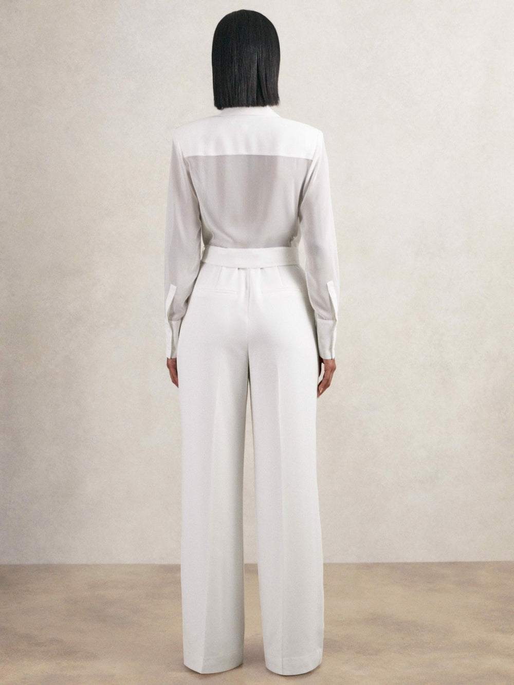 Reiss | Sheer-Sleeve Wide-Leg Tuxedo Jumpsuit in Ivory