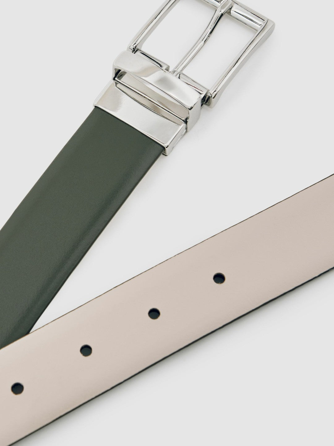Reiss | Reversible Leather Belt in Forest Green/Off White