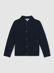 Reiss | 13-14 yrs Wool V-Stitch Button-Through Cardigan in Navy Blue