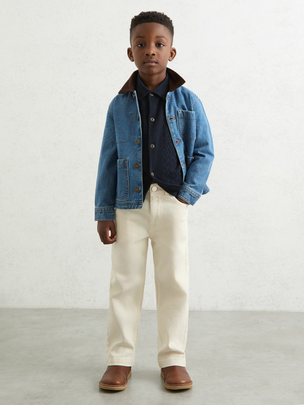 Reiss | 13-14 yrs Wool V-Stitch Button-Through Cardigan in Navy Blue