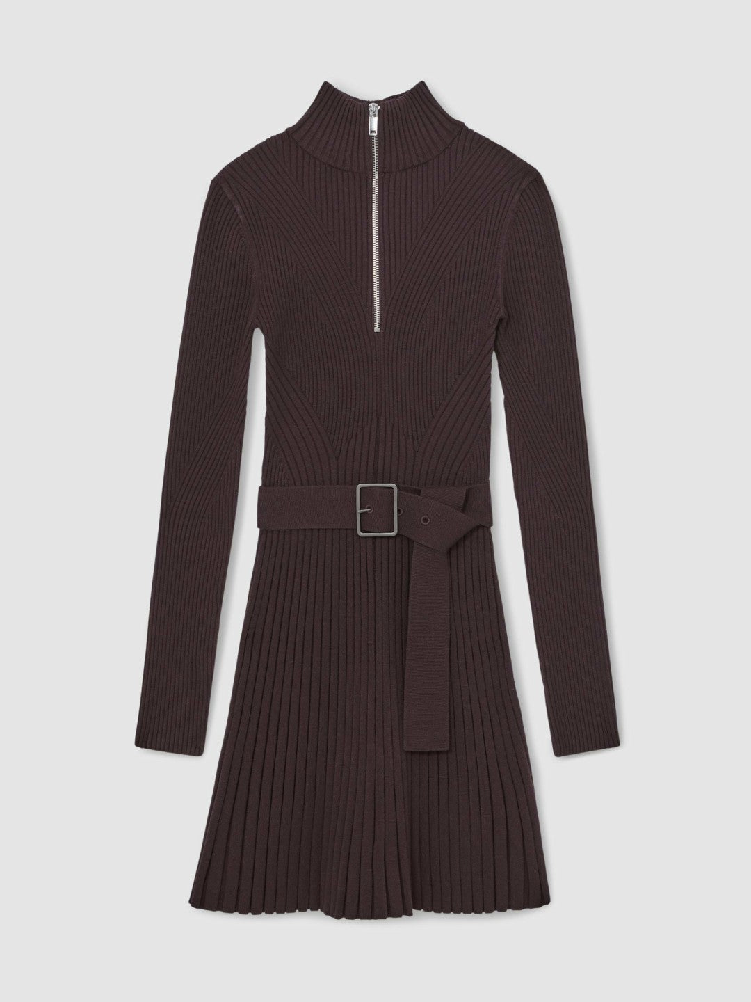 Reiss | Rib-Knit Belted Half-Zip Flippy Dress in Plum Purple