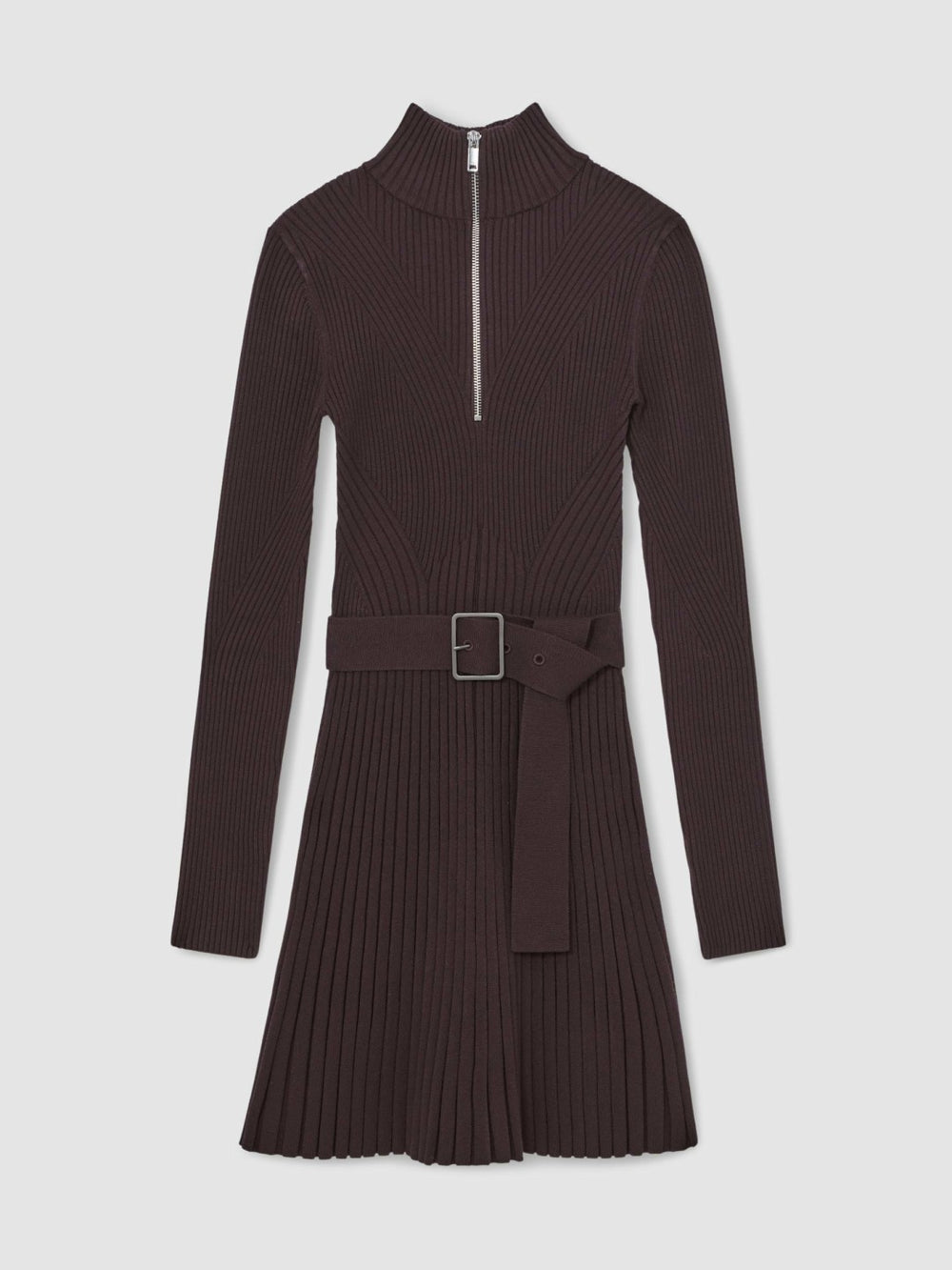 Reiss | Rib-Knit Belted Half-Zip Flippy Dress in Plum Purple