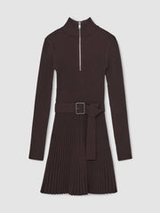 Reiss | Rib-Knit Belted Half-Zip Flippy Dress in Plum Purple