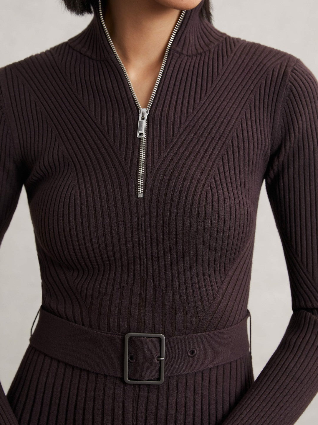 Reiss | Rib-Knit Belted Half-Zip Flippy Dress in Plum Purple