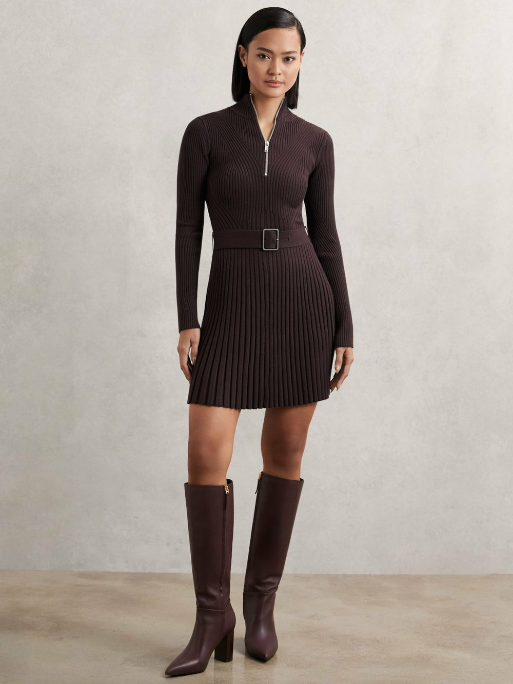 Reiss | Rib-Knit Belted Half-Zip Flippy Dress in Plum Purple