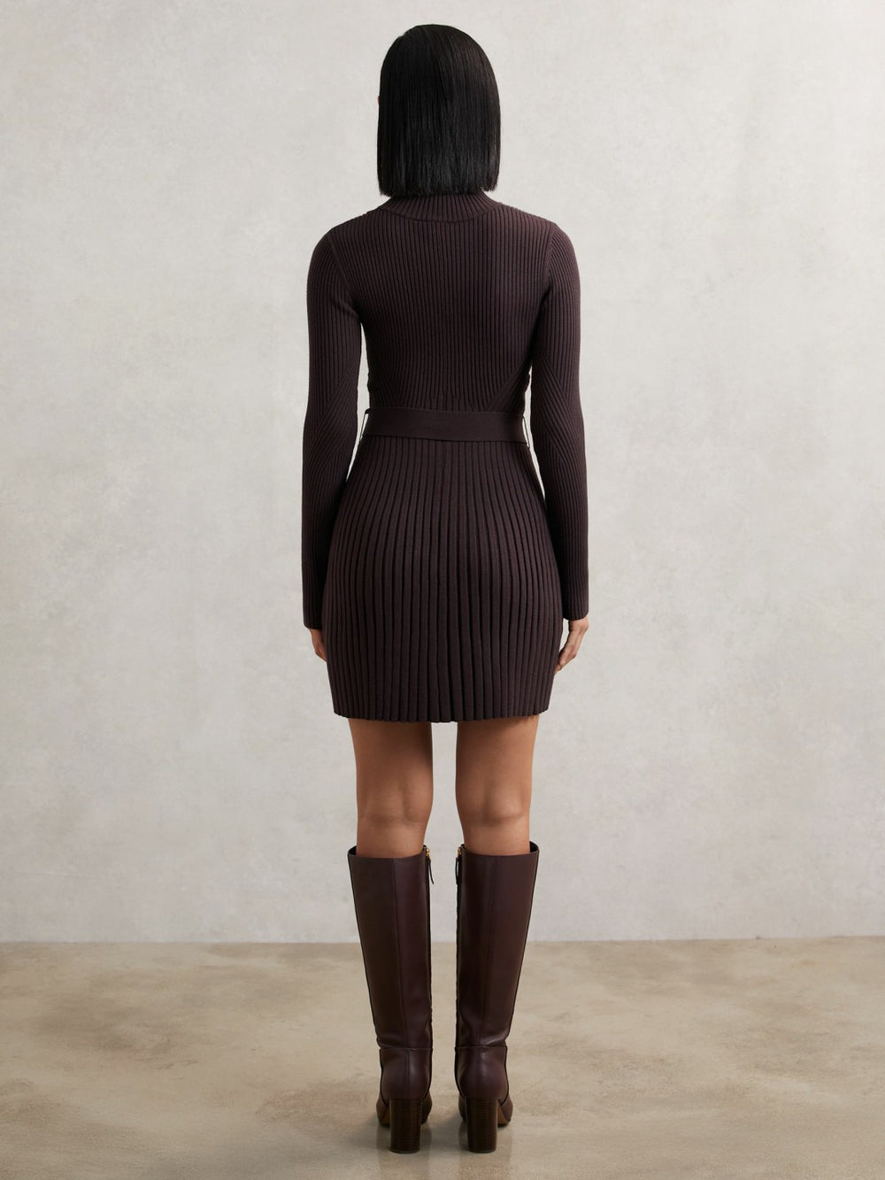 Reiss | Rib-Knit Belted Half-Zip Flippy Dress in Plum Purple