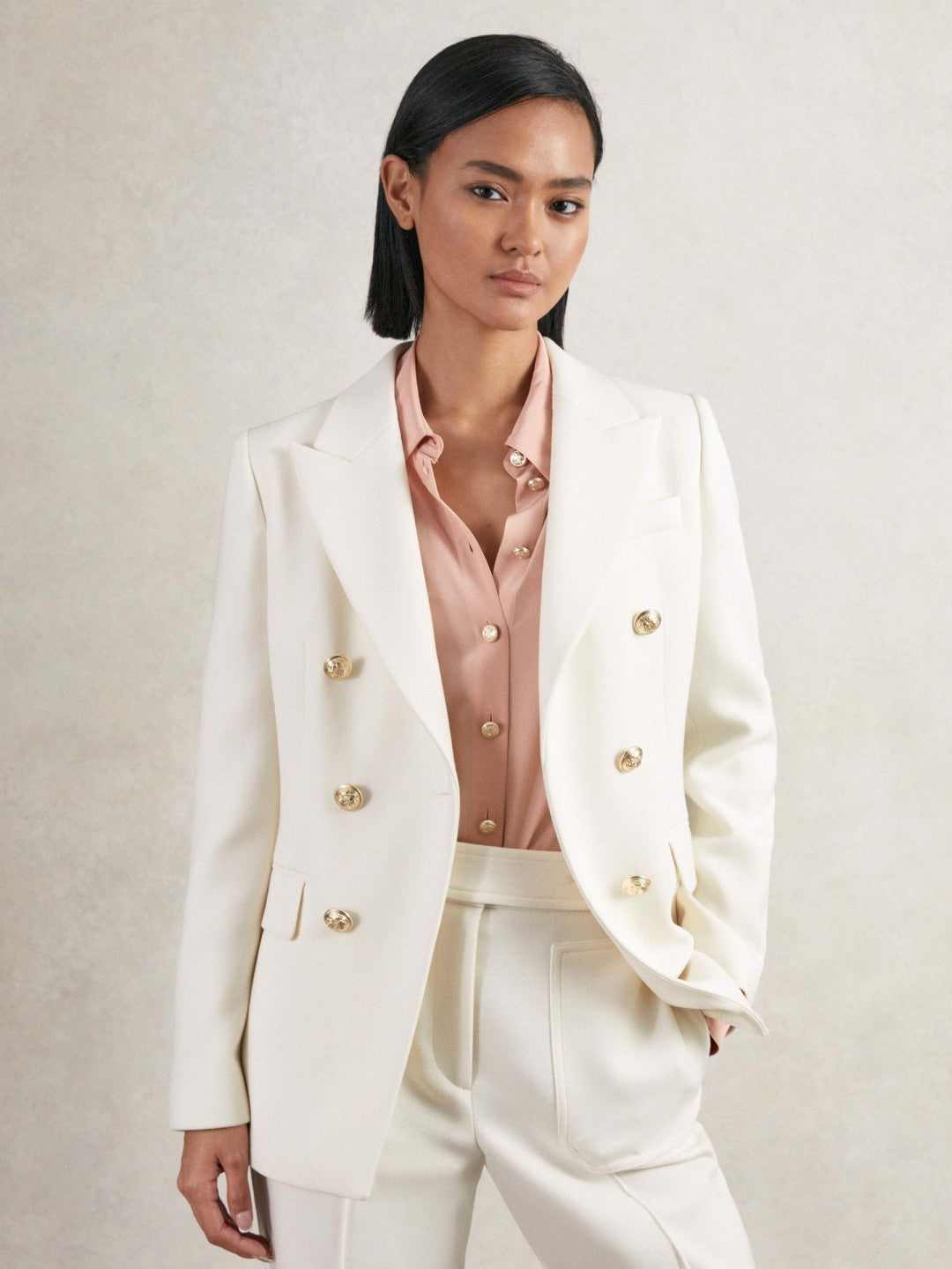 Reiss | Double-Breasted Twill Suit Blazer With Wool in White