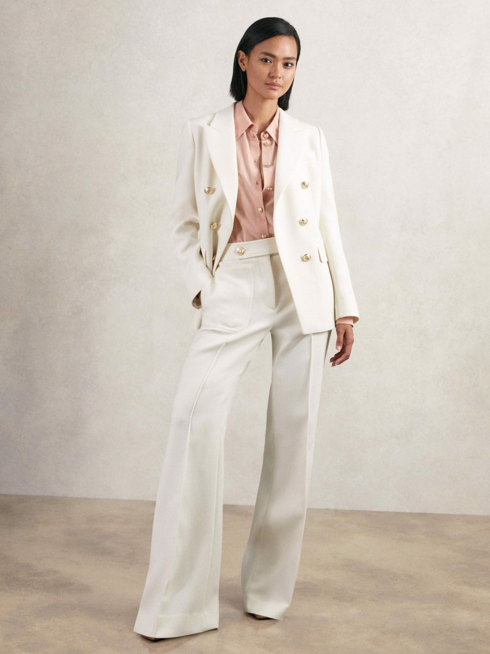 Reiss | Double-Breasted Twill Suit Blazer With Wool in White
