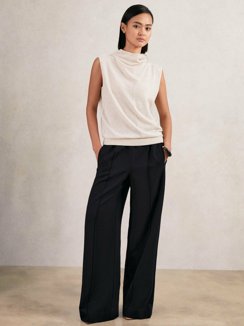 Reiss | Petite Wide Leg Elasticated Waist Trousers in Navy