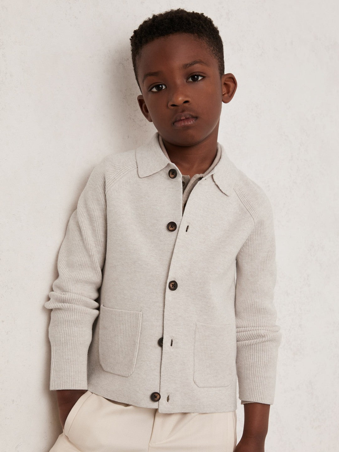 Reiss | 3-9 yrs Button-Through Knitted Cardigan in Oatmeal Melange