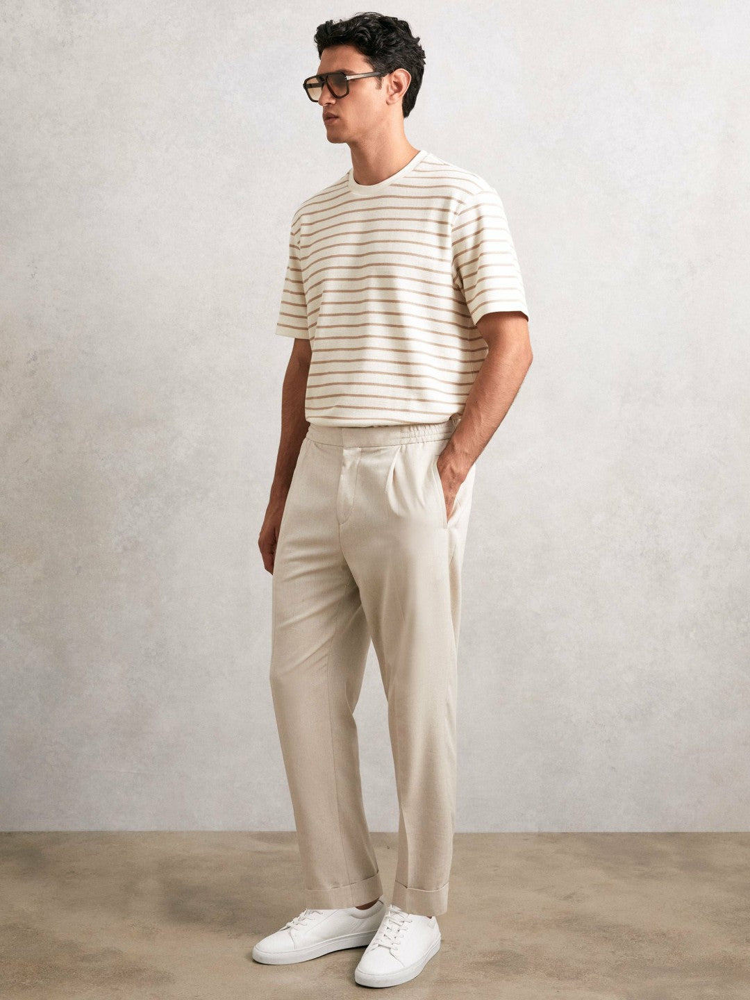 Reiss | Cotton Textured Stripe T-Shirt in Oatmeal/White