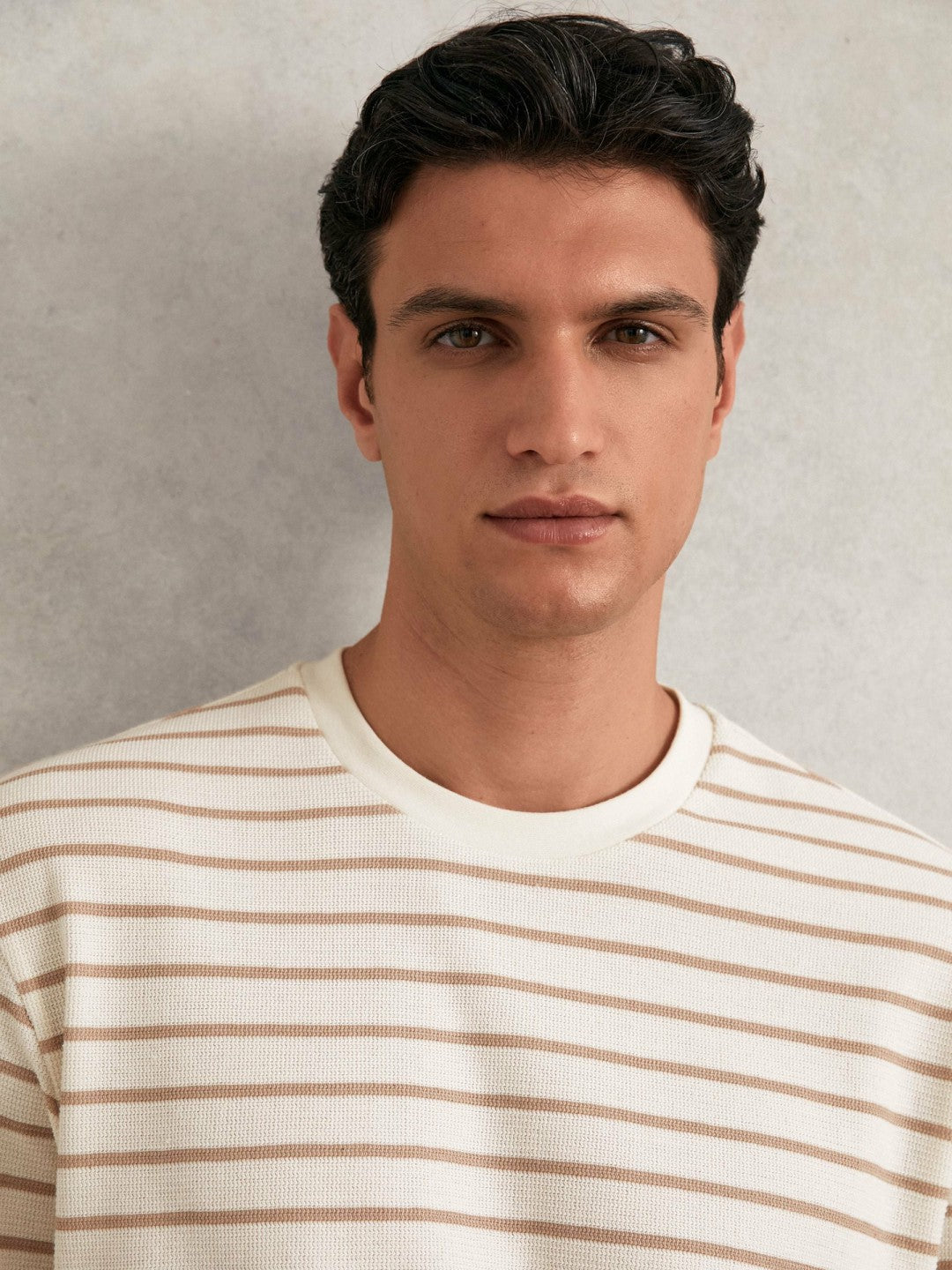 Reiss | Cotton Textured Stripe T-Shirt in Oatmeal/White