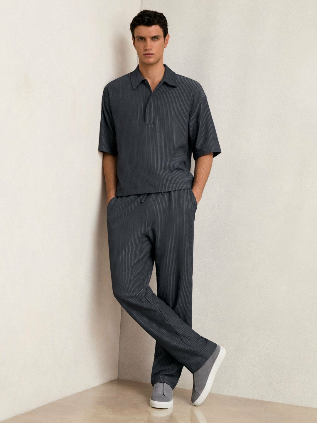 Reiss | Textured Stripe Drawstring Trousers in Petrol Blue