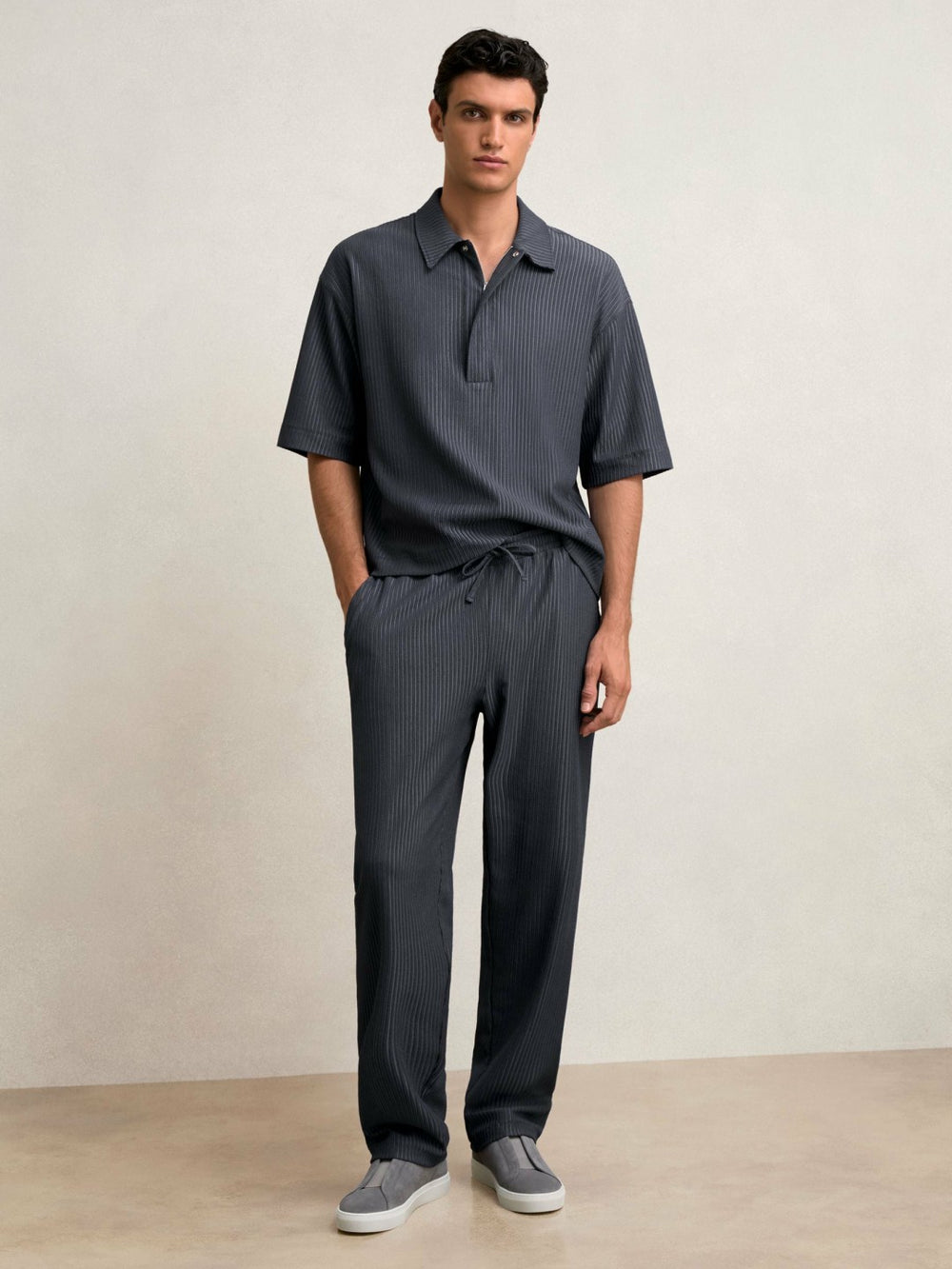 Reiss | Textured Stripe Drawstring Trousers in Petrol Blue