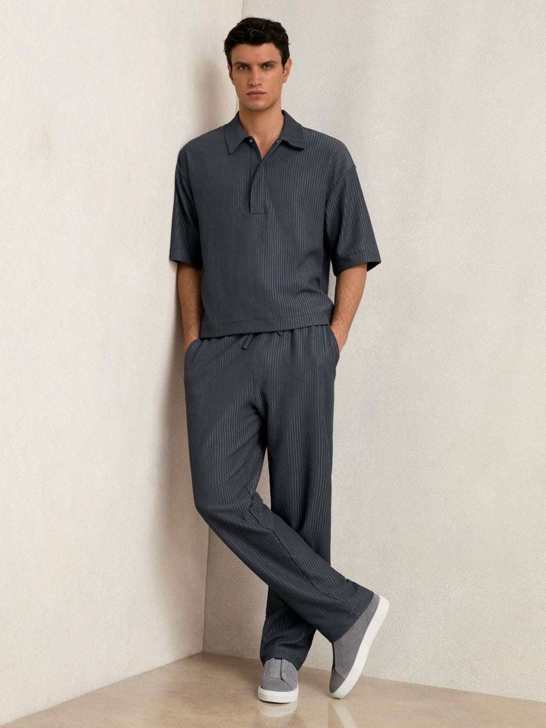 Reiss | Oversized Textured Stripe Polo Shirt in Petrol Blue