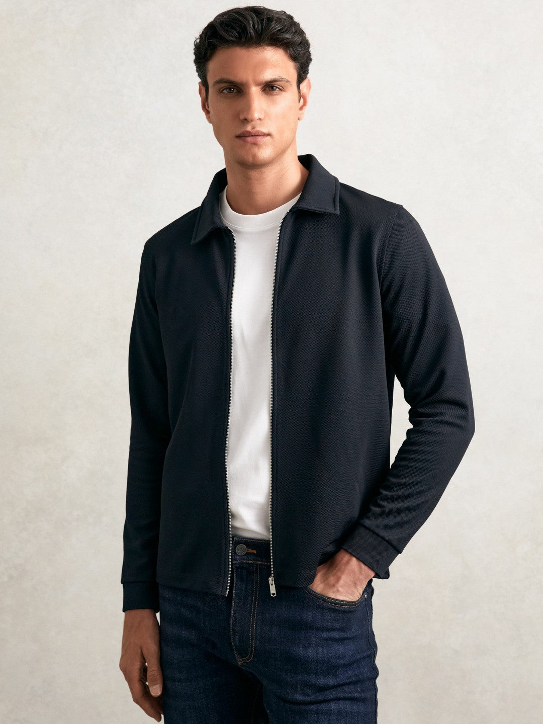 Reiss | Textured Zip Through Overshirt in Navy