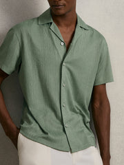 Reiss | Jacquard-Stripe Cuban-Collar Shirt in Mint Green