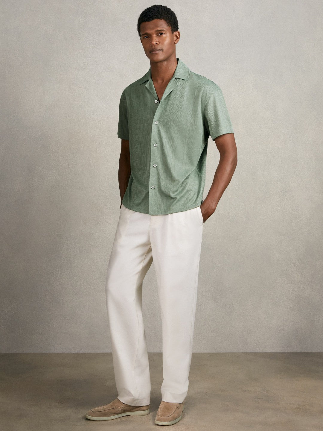 Reiss | Jacquard-Stripe Cuban-Collar Shirt in Mint Green