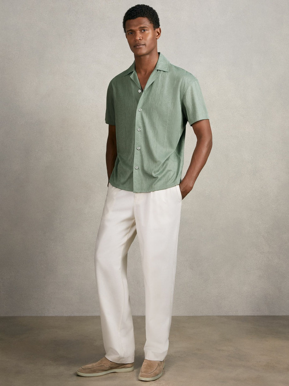 Reiss | Jacquard-Stripe Cuban-Collar Shirt in Mint Green