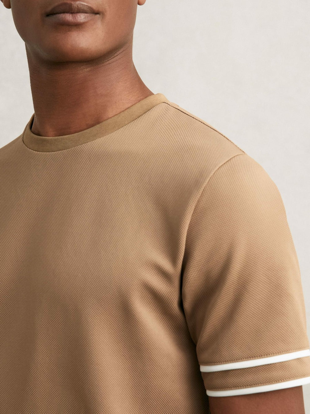 Reiss | Textured Crew-Neck Tipped T-Shirt in Camel Brown