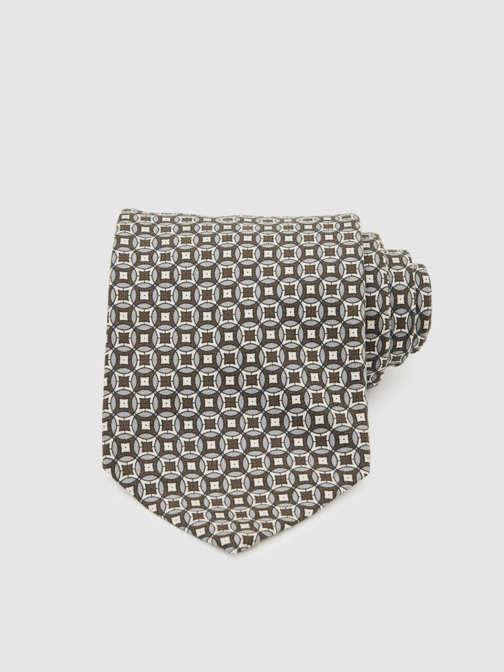 Reiss | Silk Geometric-Print Tie in Chocolate Brown Multi