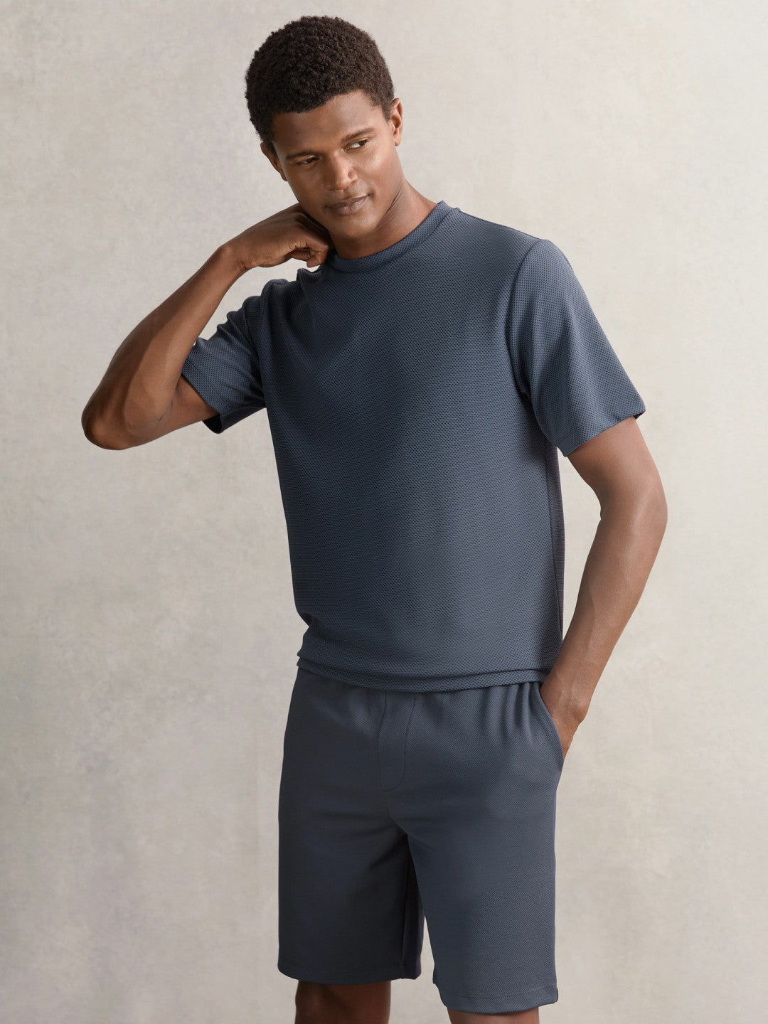 Reiss | Textured Crew-Neck T-Shirt in Airforce Blue