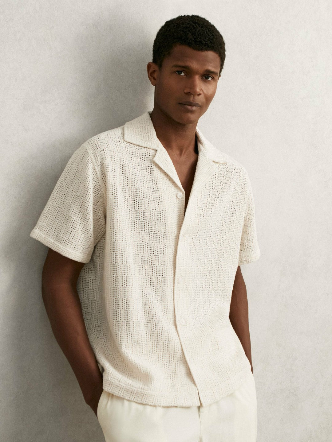 Reiss | Cotton-Blend Crochet Shirt in Off White