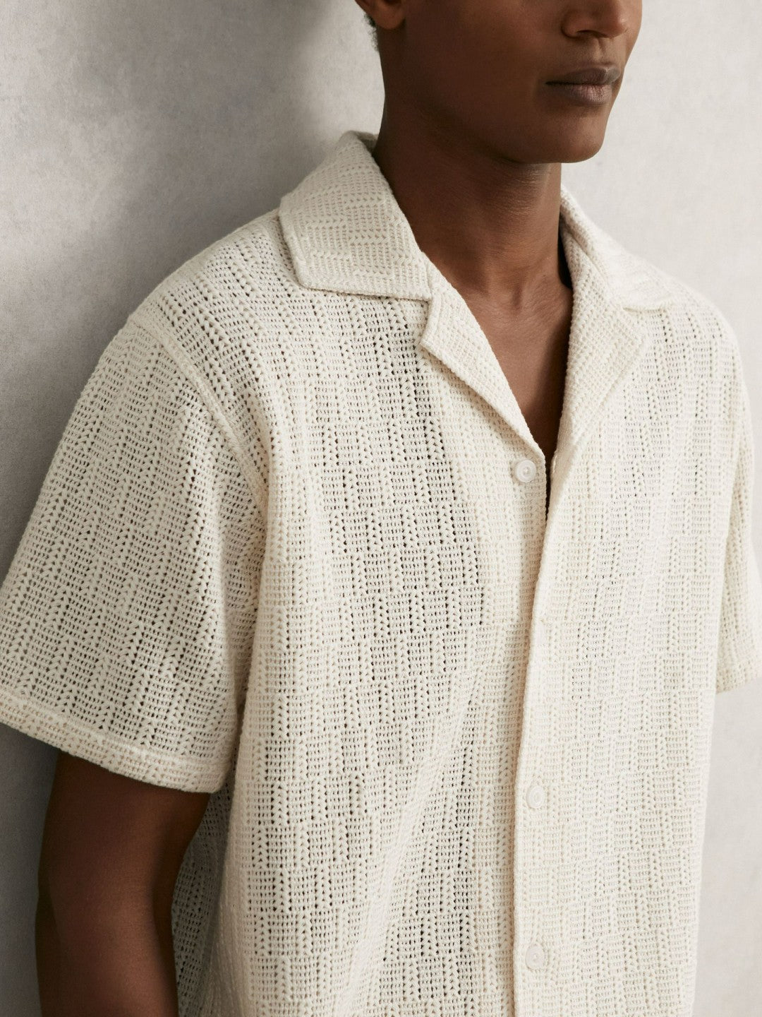 Reiss | Cotton-Blend Crochet Shirt in Off White