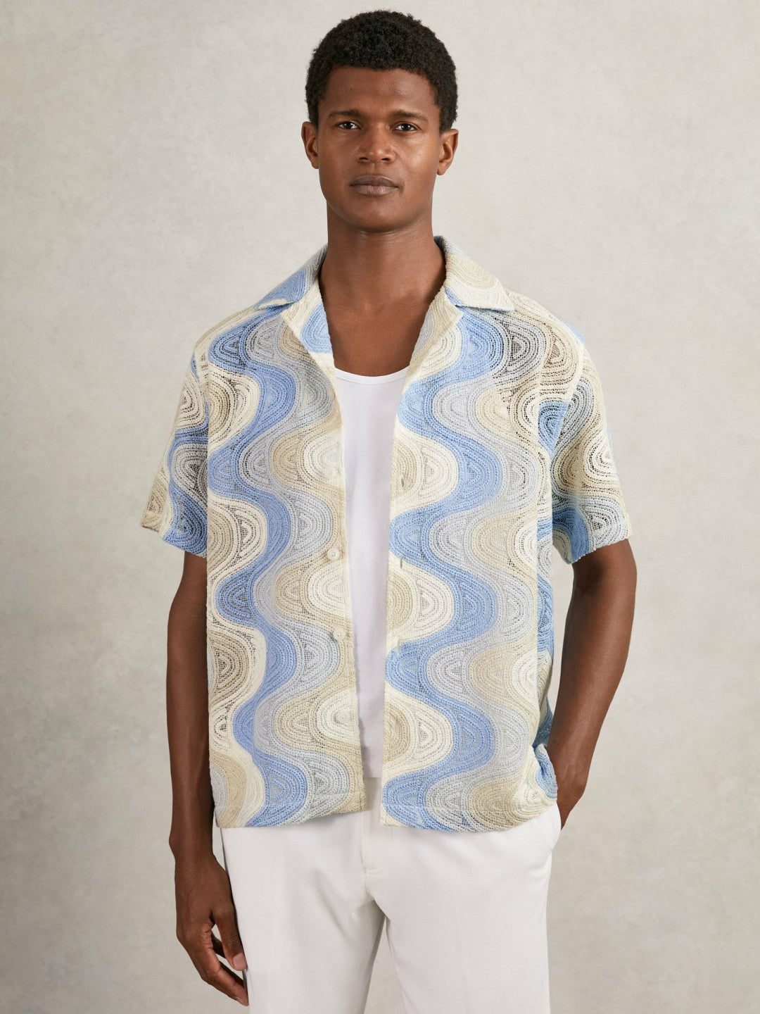 Reiss | Wave Crochet Cuban Collar Shirt in Blue Multi