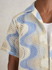 Reiss | Wave Crochet Cuban Collar Shirt in Blue Multi