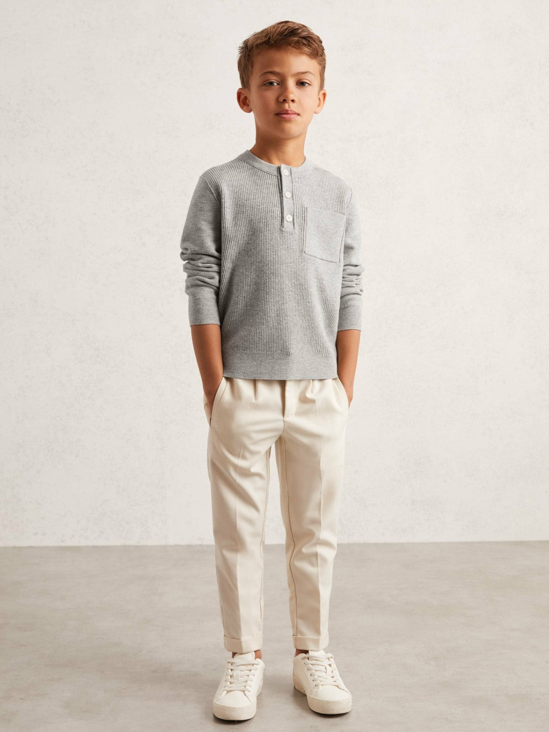 Reiss | 13-14 yrs Cotton-Blend Rib-Knit Henley Top in Mid Grey Melange