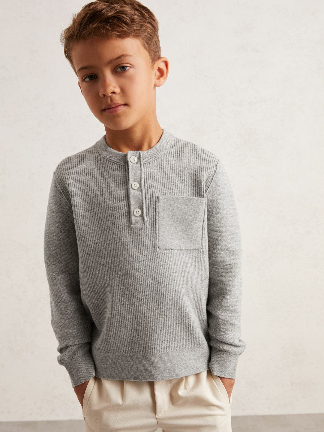 Reiss | 9-13 yrs Cotton-Blend Rib-Knit Henley Top in Mid Grey Melange