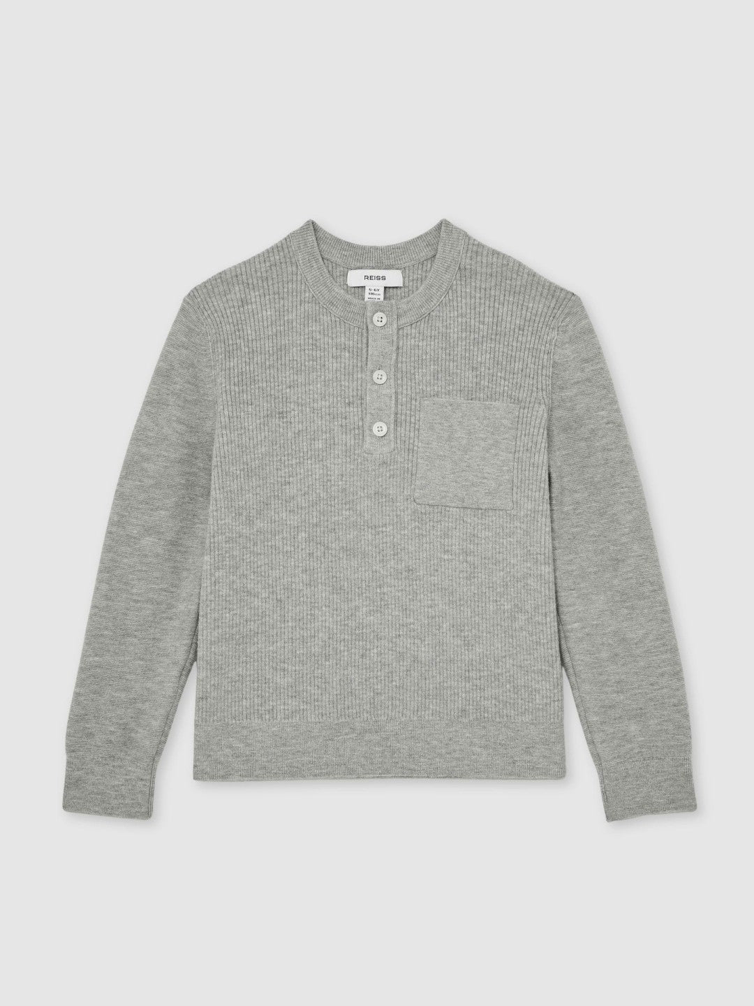 Reiss | 3-9 yrs Cotton-Blend Rib-Knit Henley Top in Mid Grey Melange