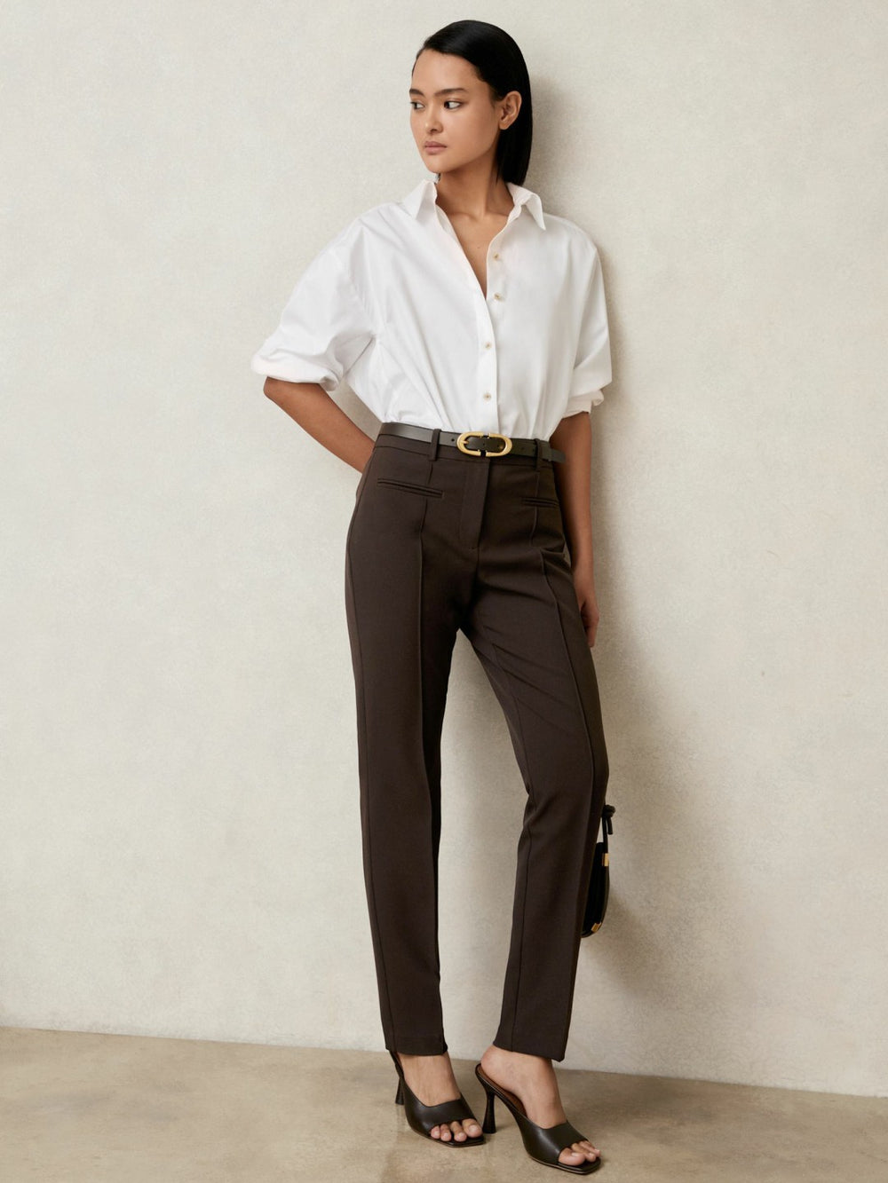 Reiss | Petite Pintuck Tapered Trousers in Chocolate Brown