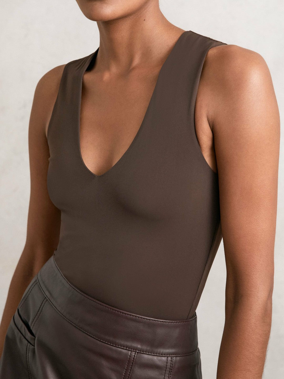 Reiss | V-Neck Sleeveless Bodysuit in Chocolate Brown