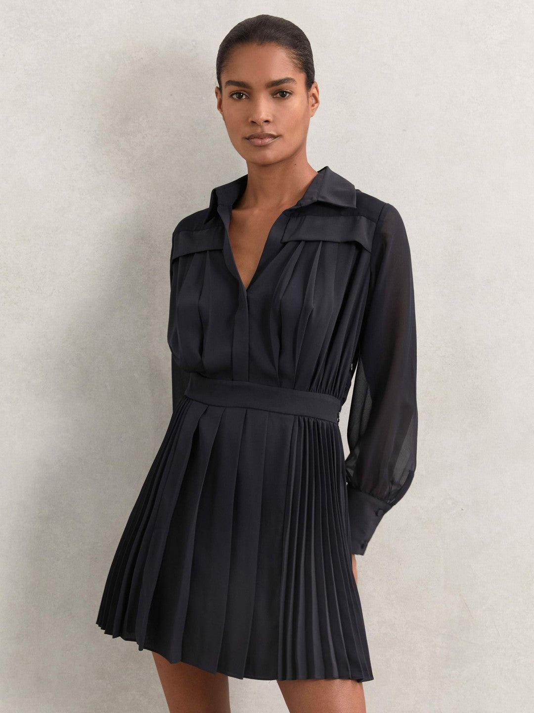 Reiss | Pleated Sheer-Sleeve Mini Dress in Navy