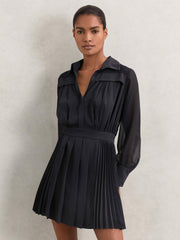 Reiss | Pleated Sheer-Sleeve Mini Dress in Navy