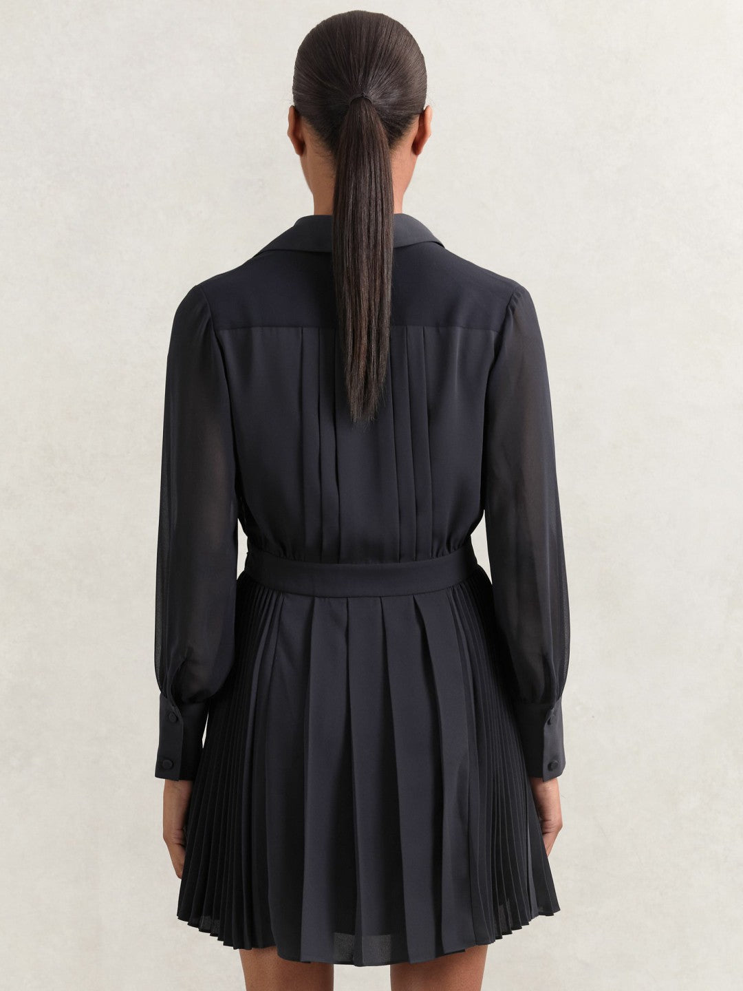 Reiss | Pleated Sheer-Sleeve Mini Dress in Navy