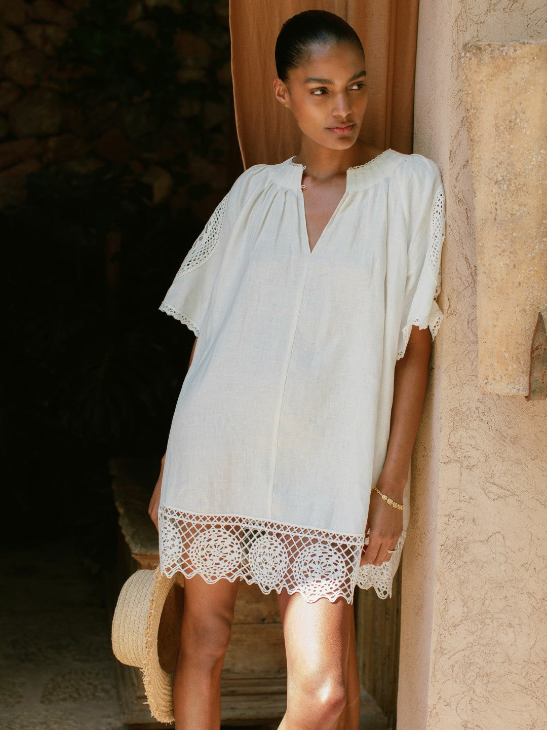 Reiss | Linen Embroidered Shift Dress in Ivory