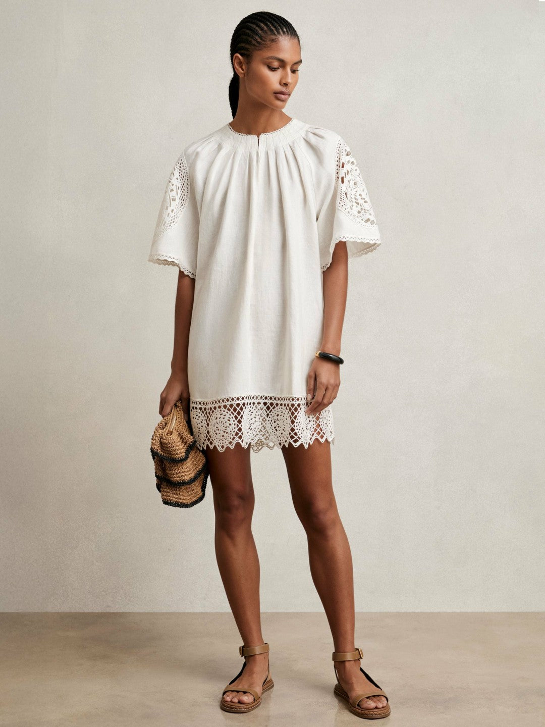 Reiss | Linen Embroidered Shift Dress in Ivory