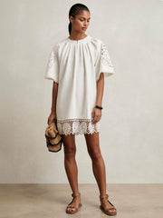 Reiss | Linen Embroidered Shift Dress in Ivory