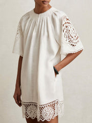 Reiss | Linen Embroidered Shift Dress in Ivory