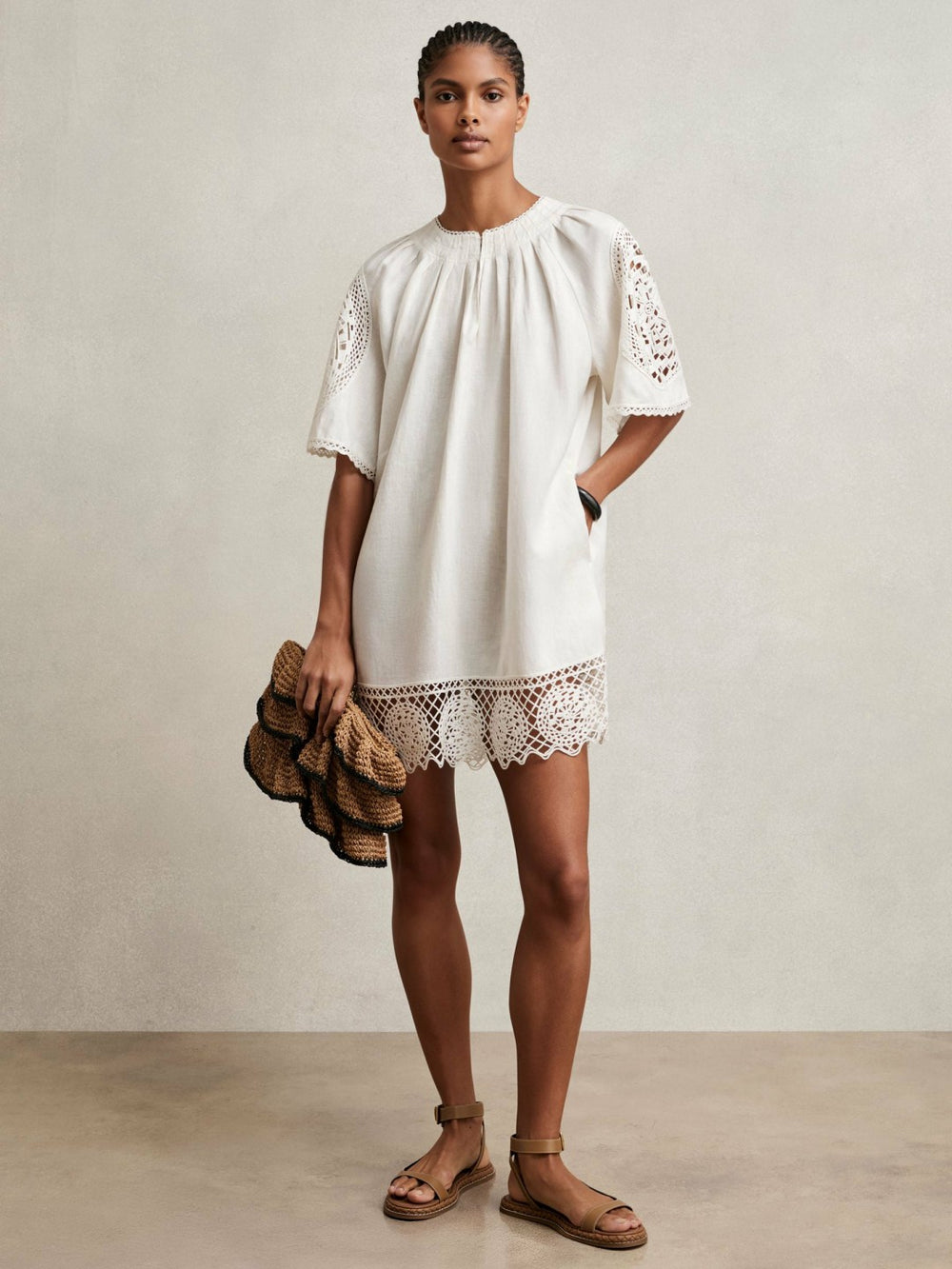 Reiss | Linen Embroidered Shift Dress in Ivory