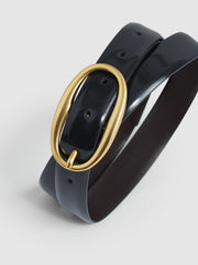 Reiss | Patent Leather Oval Buckle Belt in Navy