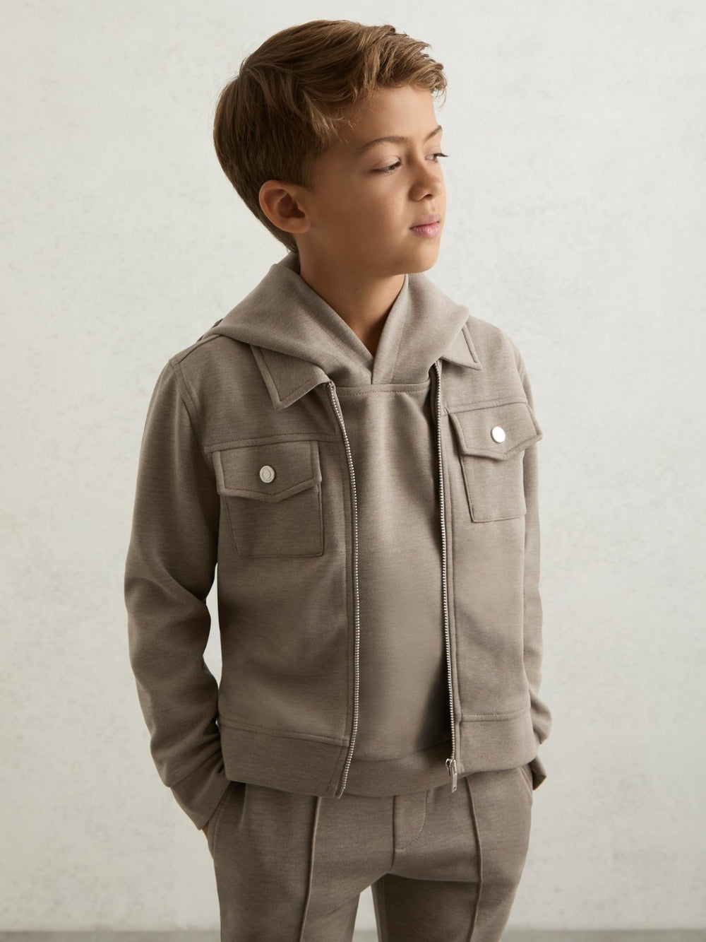 Reiss | 13-14 yrs Interlock Zip-Through Overshirt in Taupe Brown