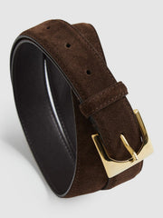 Reiss | Suede Square Buckle Belt in Chocolate