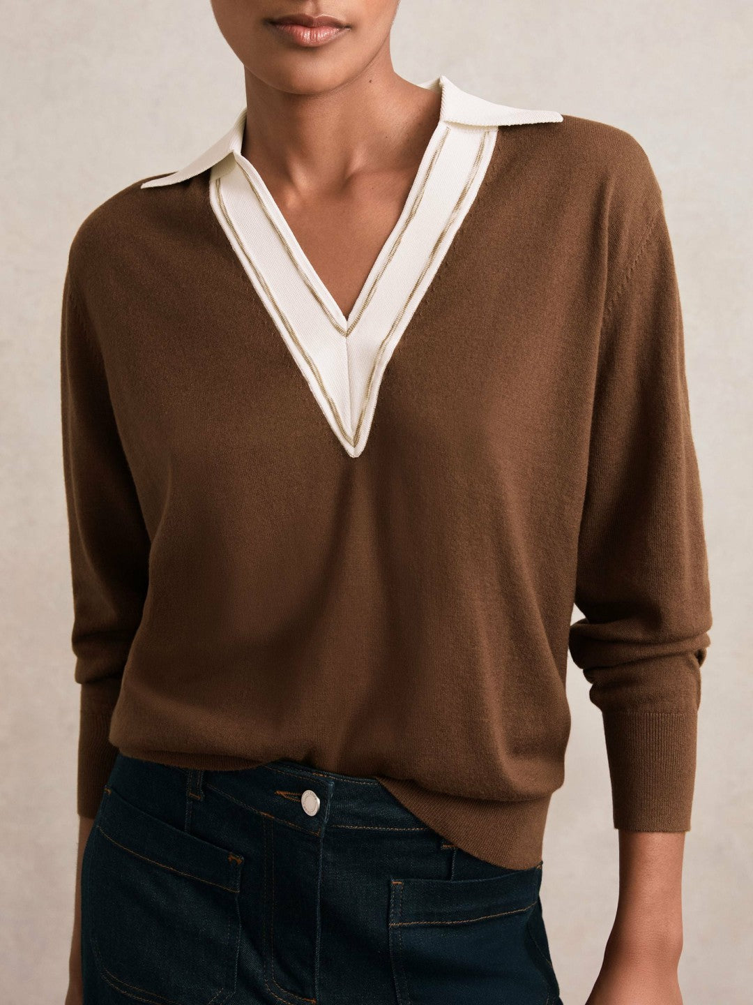 Reiss | Wool Collared Cricket Jumper in Chocolate Brown/Ivory